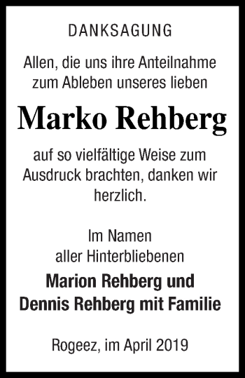 Traueranzeige von Marko Rehberg von Müritz-Zeitung