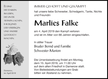 Traueranzeige von Marlies Falke von Pasewalker Zeitung