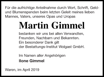 Traueranzeige von Martin Gimmel von Müritz-Zeitung