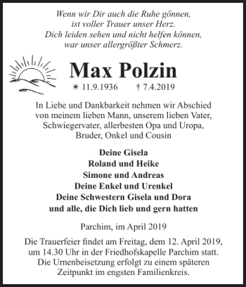 Traueranzeige von Max Polzin von Parchimer Zeitung