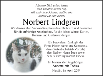 Traueranzeige von Norbert Lindgren von Vorpommern Kurier