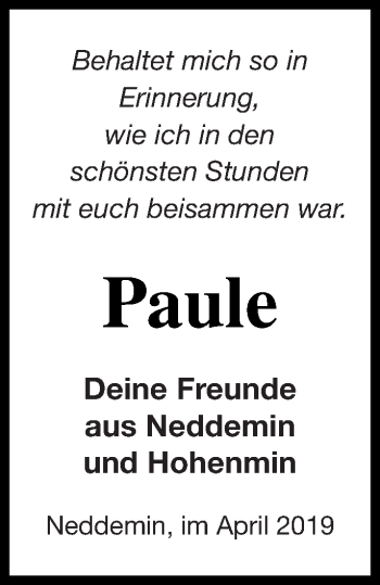 Traueranzeige von Paule  von Neubrandenburger Zeitung