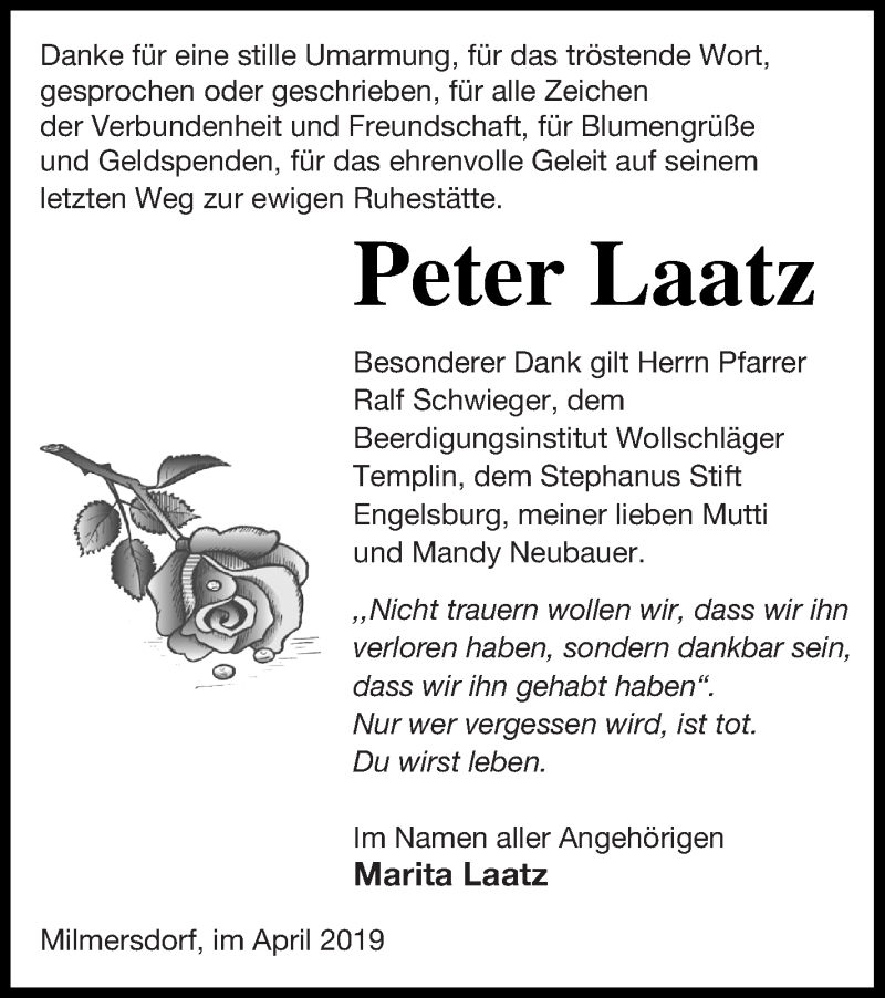  Traueranzeige für Peter Laatz vom 18.04.2019 aus Templiner Zeitung