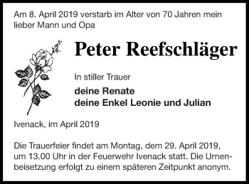 Traueranzeige von Peter Reefschläger von Mecklenburger Schweiz