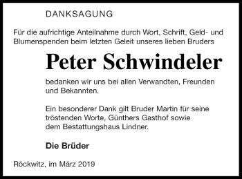 Traueranzeige von Peter Schwindeler von Neubrandenburger Zeitung