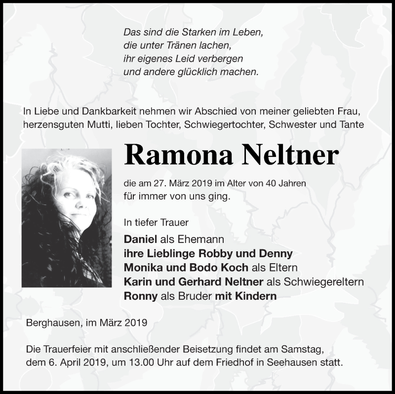  Traueranzeige für Ramona Neltner vom 02.04.2019 aus Prenzlauer Zeitung