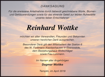 Traueranzeige von Reinhard Wottke von Templiner Zeitung