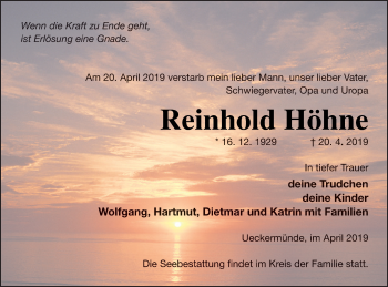Traueranzeige von Reinhold Höhne von Haff-Zeitung