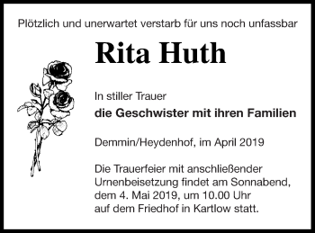 Traueranzeige von Rita Huth von Vorpommern Kurier