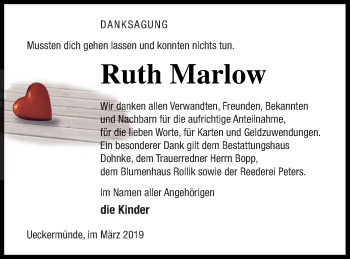 Traueranzeige von Ruth Marlow von Haff-Zeitung