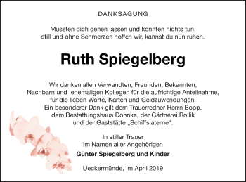 Traueranzeige von Ruth Spiegelberg von Haff-Zeitung