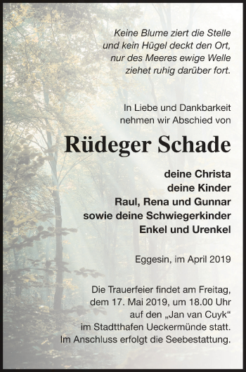 Traueranzeige von Rüdeger Schade von Haff-Zeitung