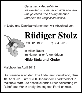 Traueranzeige von Rüdiger Stolz von Müritz-Zeitung