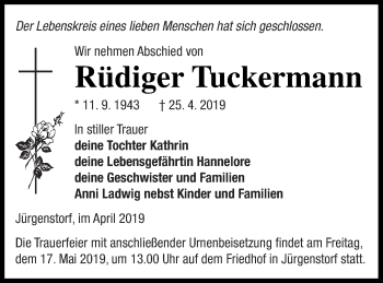 Traueranzeige von Rüdiger Tuckermann von Mecklenburger Schweiz