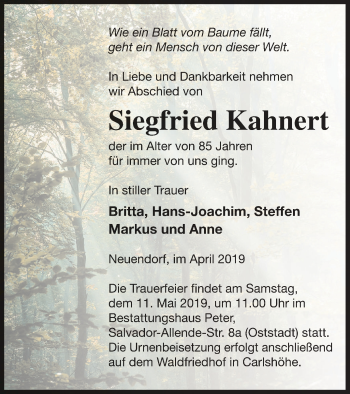 Traueranzeige von Siegfried Kahnert von Strelitzer Zeitung