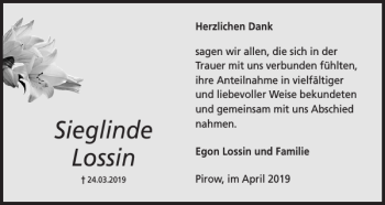 Traueranzeige von Sieglinde Lossin von Der Prignitzer