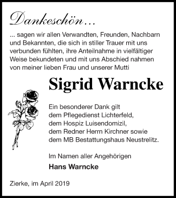 Traueranzeige von Sigrid Warncke von Strelitzer Zeitung