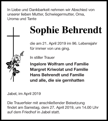 Traueranzeige von Sophie Behrendt von Müritz-Zeitung