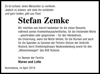 Traueranzeige von Stefan Zemke von Mecklenburger Schweiz