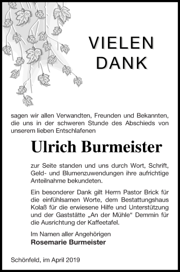 Traueranzeige von Ulrich Burmeister von Vorpommern Kurier