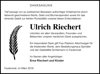 Traueranzeige von Ulrich Riechert von Mecklenburger Schweiz