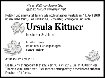 Traueranzeige von Ursula Kittner von Müritz-Zeitung