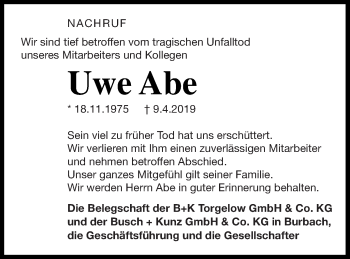 Traueranzeige von Uwe Abe von Haff-Zeitung