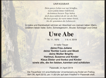 Traueranzeige von Uwe Abe von Pasewalker Zeitung