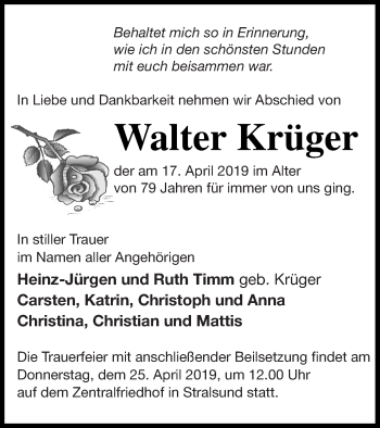 Traueranzeige von Walter Krüger von Demminer Zeitung