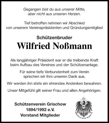 Traueranzeige von Wilfried Noßmann von Demminer Zeitung