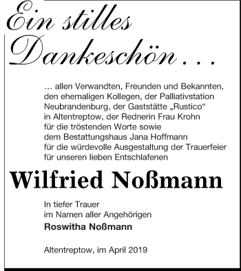 Traueranzeige von Wilfried Noßmann von Neubrandenburger Zeitung