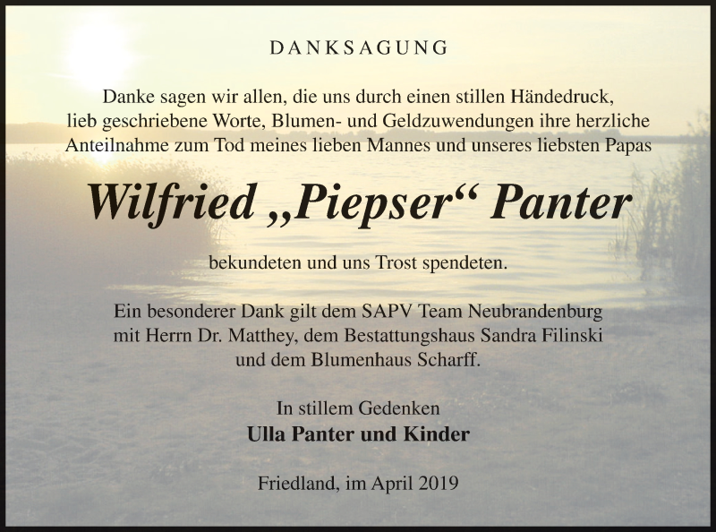  Traueranzeige für Wilfried Panter vom 20.04.2019 aus Vorpommern Kurier
