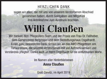 Traueranzeige von Willi Claußen von Müritz-Zeitung