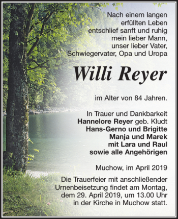 Traueranzeige von Willi Reyer von Ludwigsluster Tageblatt