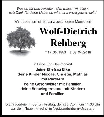 Traueranzeige von Wolf-Dietrich Rehberg von Neubrandenburger Zeitung