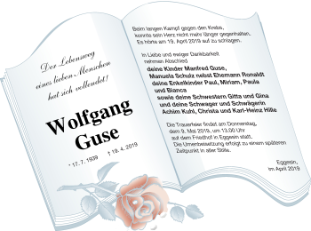 Traueranzeige von Wolfgang Guse von Haff-Zeitung