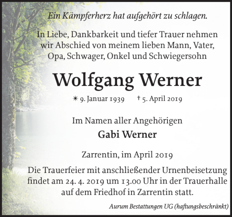  Traueranzeige für Wolfgang Werner vom 20.04.2019 aus Hagenower Kreisblatt