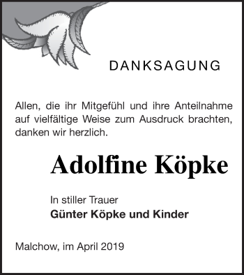 Traueranzeige von Adolfine Köpke von Müritz-Zeitung