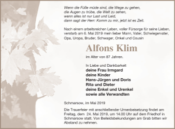 Traueranzeige von Alfons Klim von Vorpommern Kurier