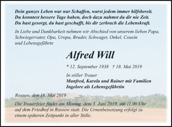 Traueranzeige von Alfred Will von Pasewalker Zeitung