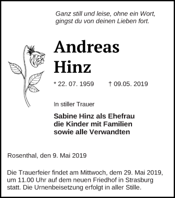 Traueranzeige von Andreas Hinz von Pasewalker Zeitung