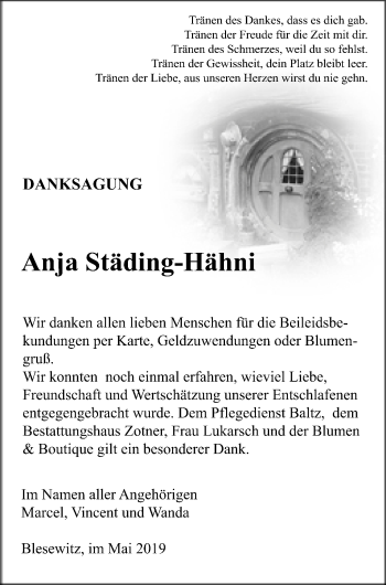 Traueranzeige von Anja Städing-Hähni von Vorpommern Kurier