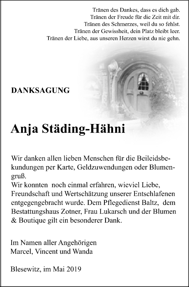  Traueranzeige für Anja Städing-Hähni vom 25.05.2019 aus Vorpommern Kurier