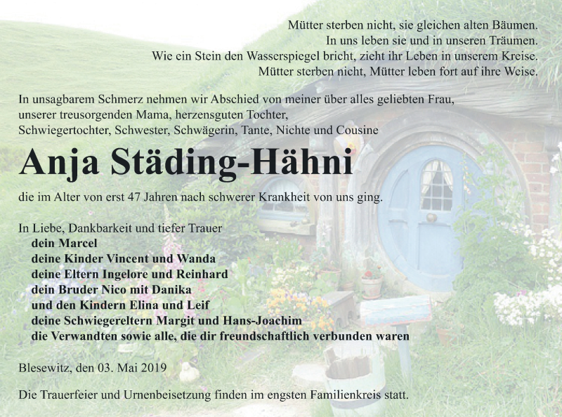  Traueranzeige für Anja Städing-Hähni vom 11.05.2019 aus Vorpommern Kurier