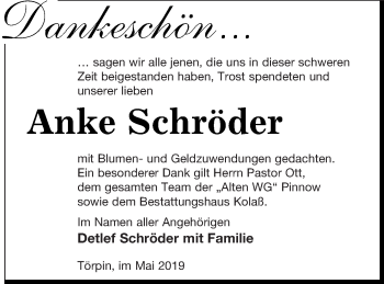 Traueranzeige von Anke Schröder von Demminer Zeitung