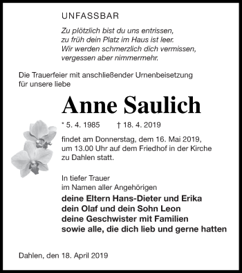 Traueranzeige von Anne Saulich von Neubrandenburger Zeitung