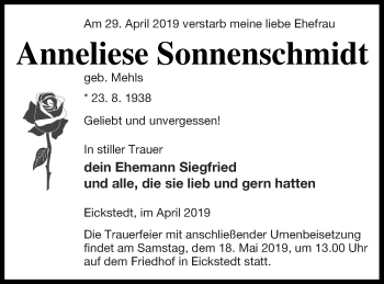 Traueranzeige von Anneliese Sonnenschmidt von Prenzlauer Zeitung