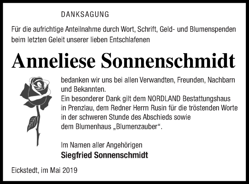  Traueranzeige für Anneliese Sonnenschmidt vom 24.05.2019 aus Prenzlauer Zeitung