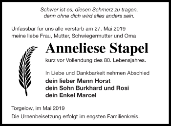 Traueranzeige von Anneliese Stapel von Haff-Zeitung