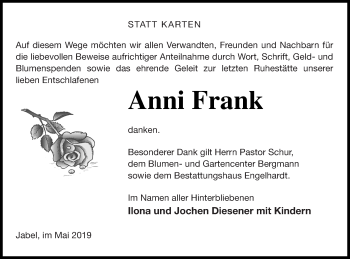 Traueranzeige von Anni Frank von Müritz-Zeitung